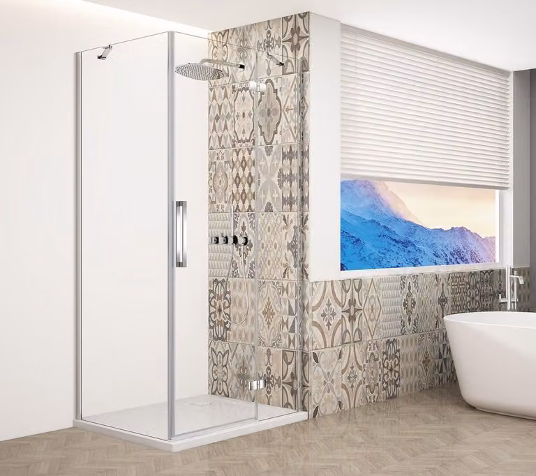 Cabina doccia rettangolare Gelco TRINITY CHROME, dimensioni 1100x1200 mm, vetro trasparente, apertura a destra - modello GT5612-11CR-CH