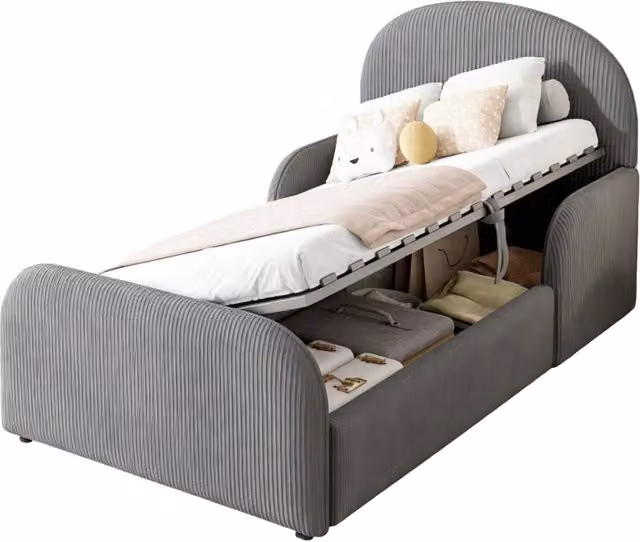 Letto per bambini 90x200 cm con contenitore idraulico; velluto grigio e sponde laterali