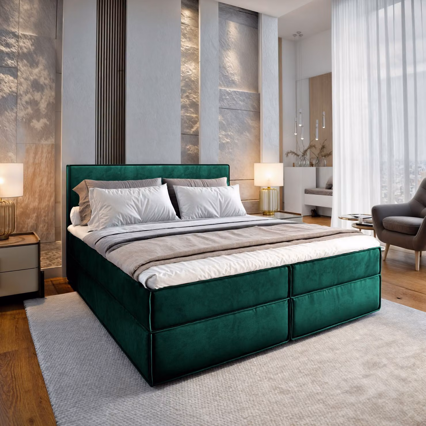 Letto a molle Masseno PELLIO 160x200 cm completo di materasso e topper Bonell, letto imbottito con cassettiera -Verde, MONOLITH 37