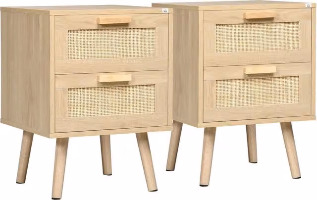 Comodino in stile Boho Zephmum con cassetti in legno naturale e rattan, colore beige e marrone, L 40 cm x P 40 cm x H 56 cm