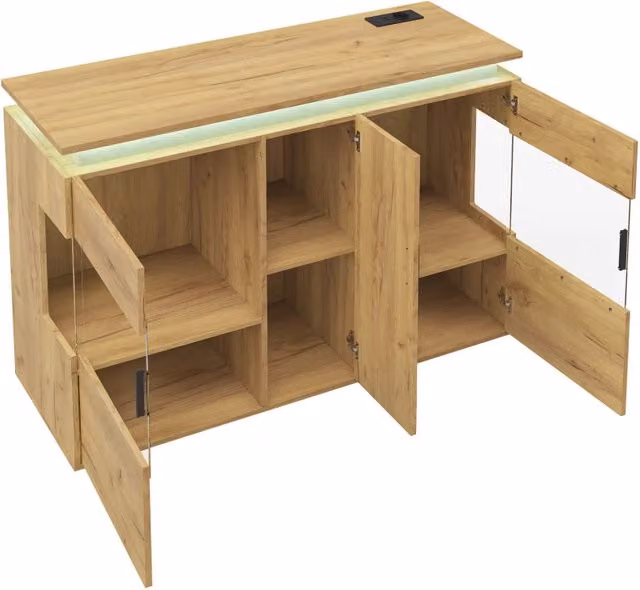Buffet con illuminazione LED, prese USB e Type-C, portascarpe con ante in vetro e finitura effetto legno, 120x40x79,5 cm