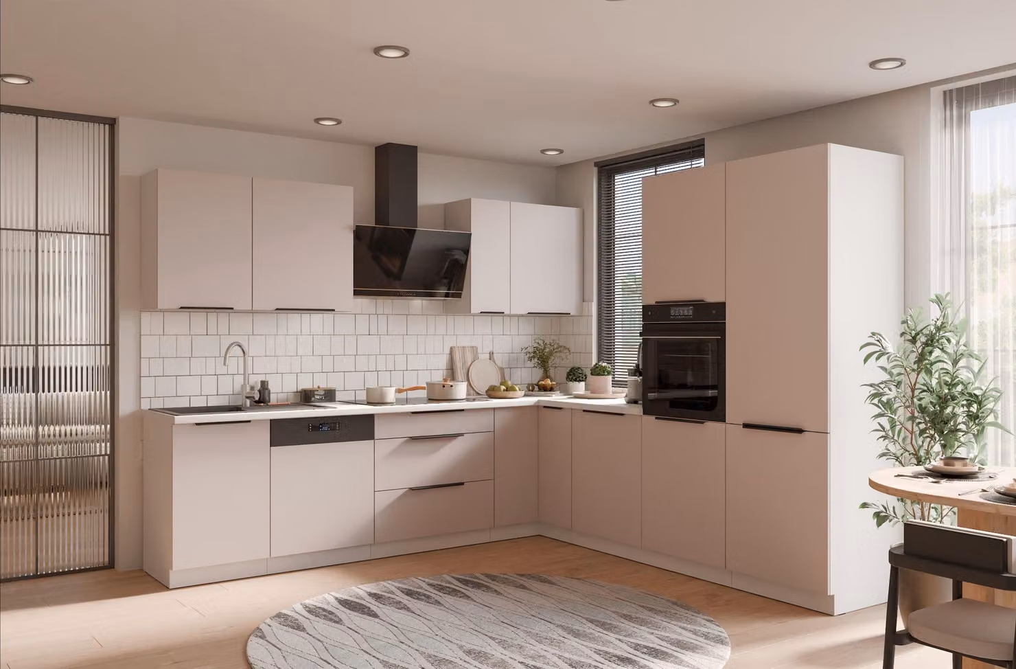Cucina ad angolo COMO 280x270 cm, cucina a incasso, cucina ad angolo, beige cashmere opaco + bianco opaco