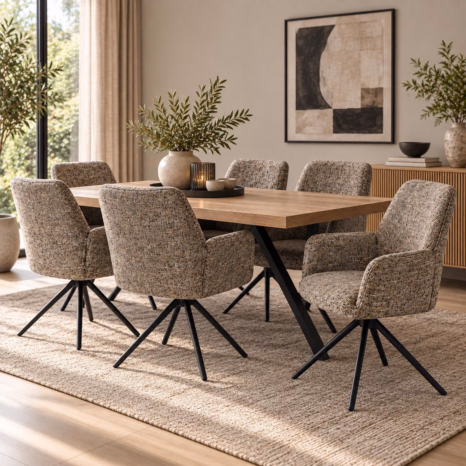 Set di 6 sedie da pranzo modello HWC-G67, girevoli, con meccanismo di auto-regolazione, rivestite in tessuto chenille (410g/m²), struttura disponibile in nero o marrone