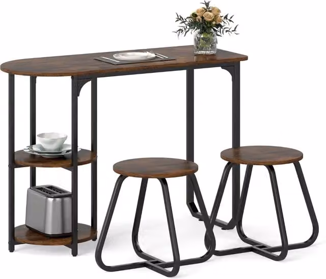 Set da pranzo da 3 pezzi tavolo e sedie salvaspazio 110 x 45 x 78 cm ripiani laterali moderno in legno marrone rustico metallo nero 20_0021121