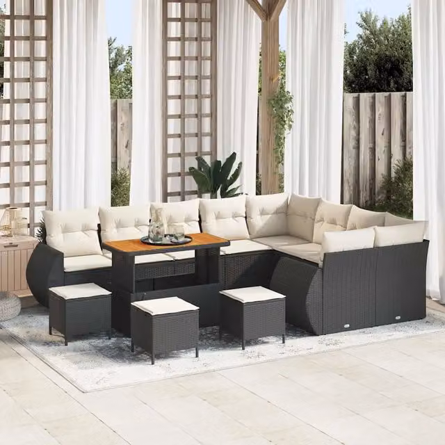 Set Divano da Giardino Moderno vidaXL in Polyrattan Nero con Cuscini e Tavolino da 13 Pezzi