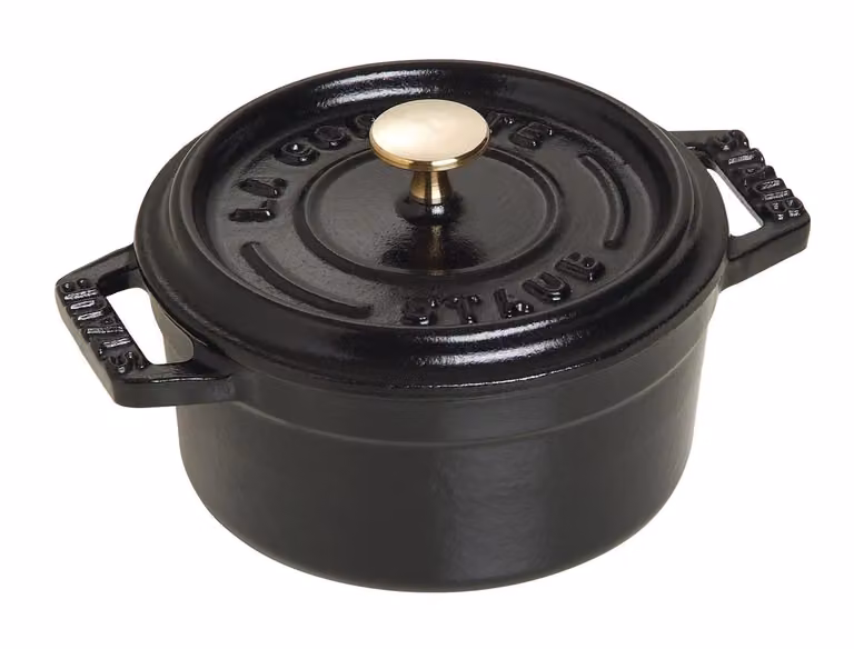 Casseruola tonda in ghisa per induzione colore nero con maniglie e coperchio, diam. 12cm