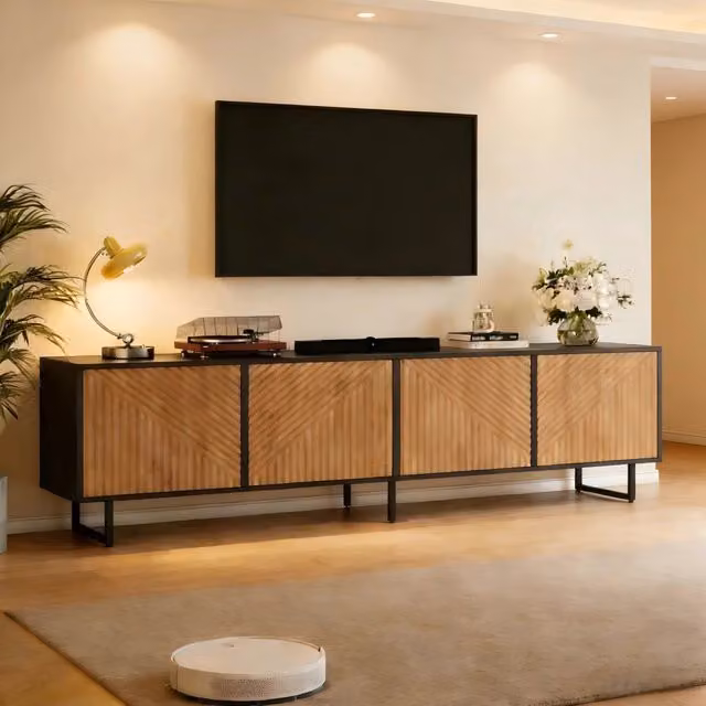 Mobile TV 180x40x50 cm con 4 ante; in truciolare e metallo; Naturale e nero