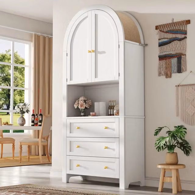 Credenza da cucina alta con 3 cassetti, ante arcuate e vano espositivo, bianca, per cucina e soggiorno, 70 × 35 × 180 cm