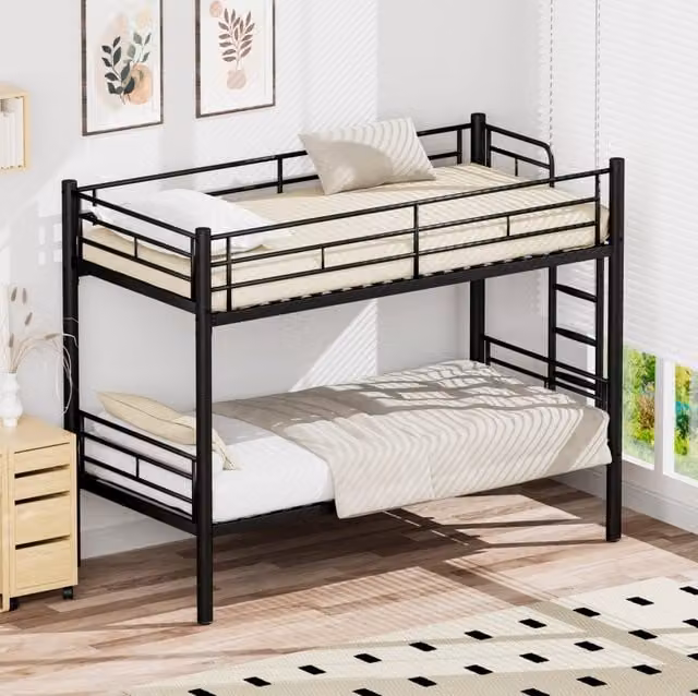 Letto a castello per bambini 90x190 cm in metallo nero con protezione anti-caduta e scala antiscivolo, trasformabile in 2 letti singoli