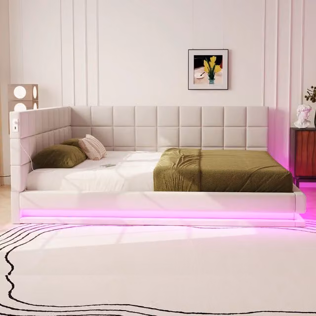 Divano letto imbottito WISHDOR beige con luci LED, porta USB e rete a doghe, L/P: 160 x 200 cm