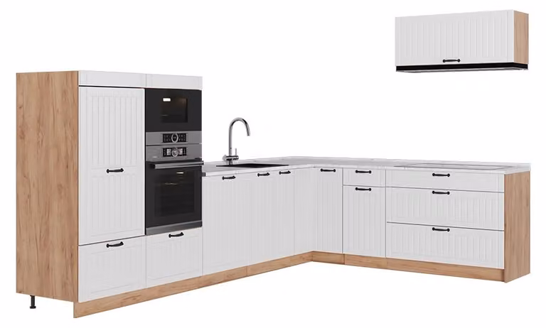 Cucina angolare completa Vicco Fame-Line Bianco rustico/Rovere dorato 327 x 227 cm, PL Marmo, Model 64410