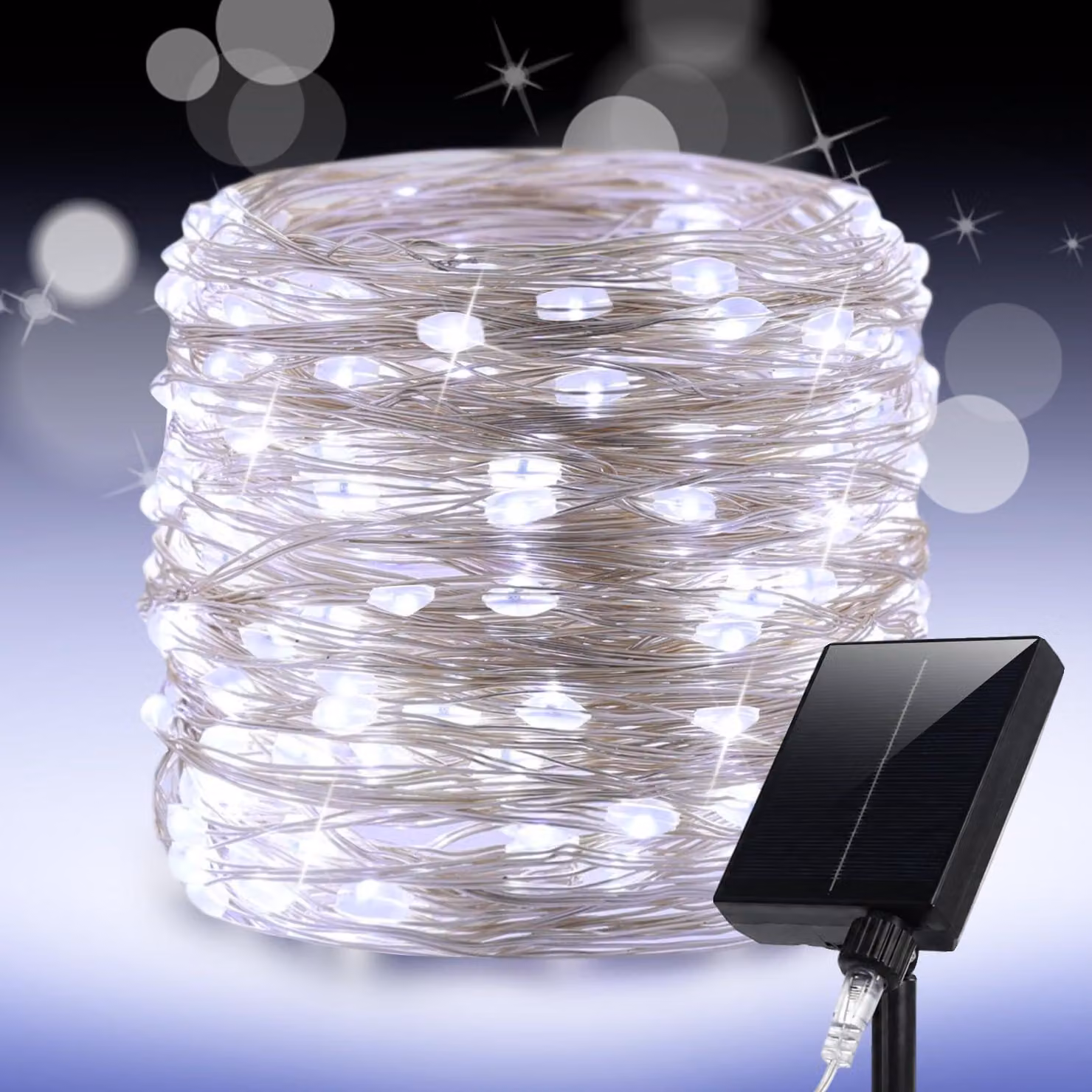 Catena luminosa solare, 30 metri, 600 LED, luce bianca fredda, impermeabile, 8 modalità