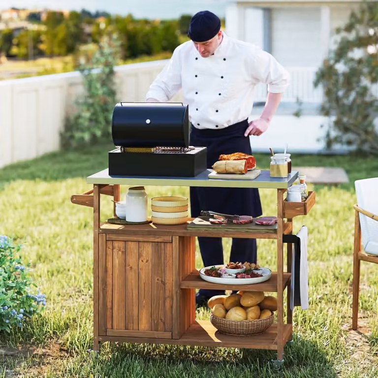 Carrello barbecue Costway in legno di abete e metallo marrone con 3 ripiani aperti e mobile per cucina esterna e giardino