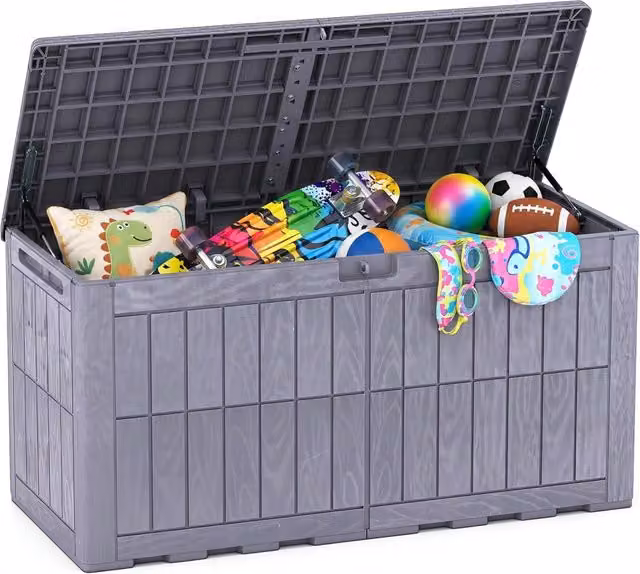 Cassapanca contenitore antintemperie con coperchio e serratura per giardino e soggiorno, Marrone scuro, Capacità 380/455L – 1