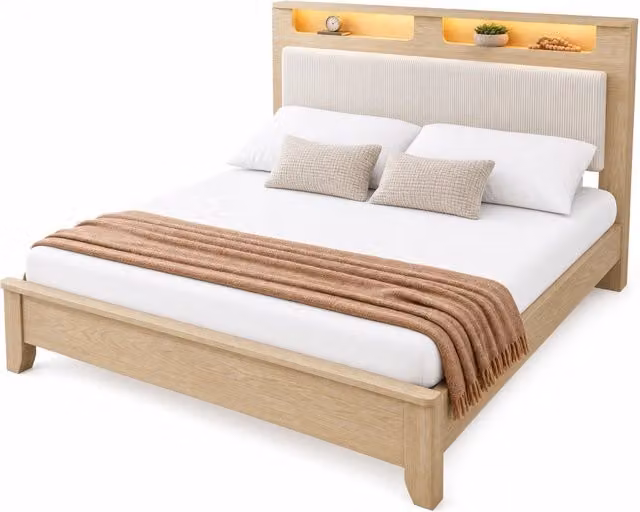 Letto 140x200 cm in legno beige con testiera contenitore e LED， senza materasso