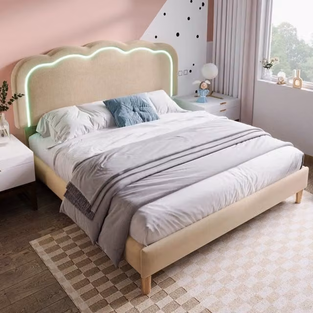 Letto imbottito REDOM con illuminazione LED sottostante, Beige, L/P/H: 140 x 200 x 30 cm