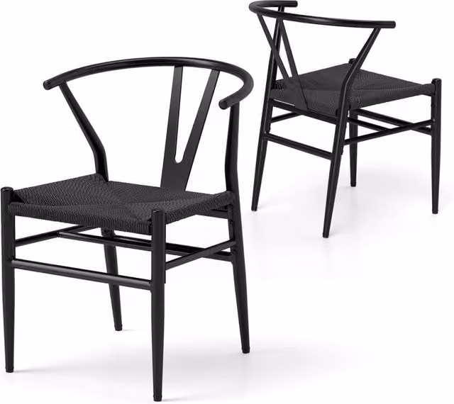 Sedie da cucina impilabili in stile mid-century con schienale a Y e seduta in rattan intrecciato, colore nero