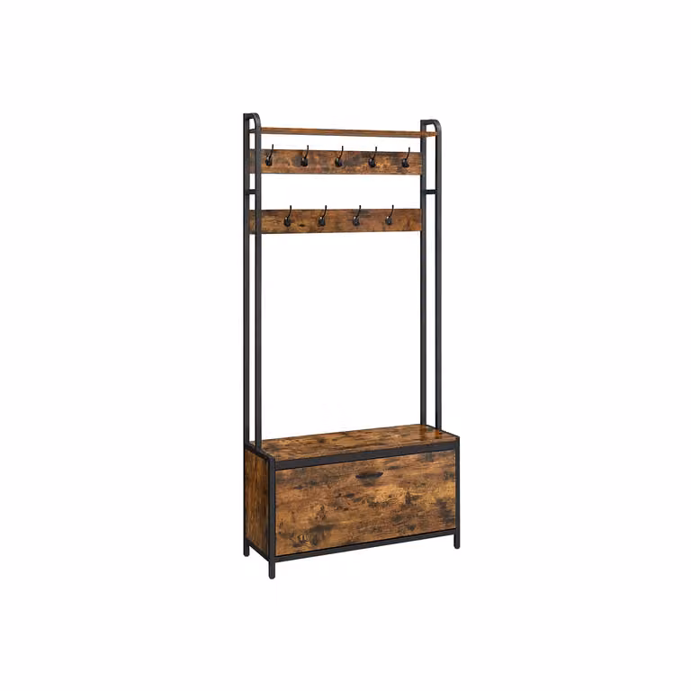 Appendiabiti con Scarpiera a Ribalta Ganci e Mensola Superiore, Marrone Vintage + Nero / 9 Ganci (30 x 85 x 180 cm)