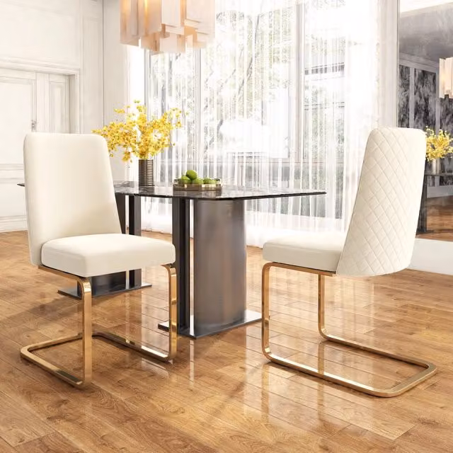 Set da 2 sedie da pranzo OKWISH in velluto beige con schienale geometrico e gambe in metallo lucido per soggiorno o camera da letto