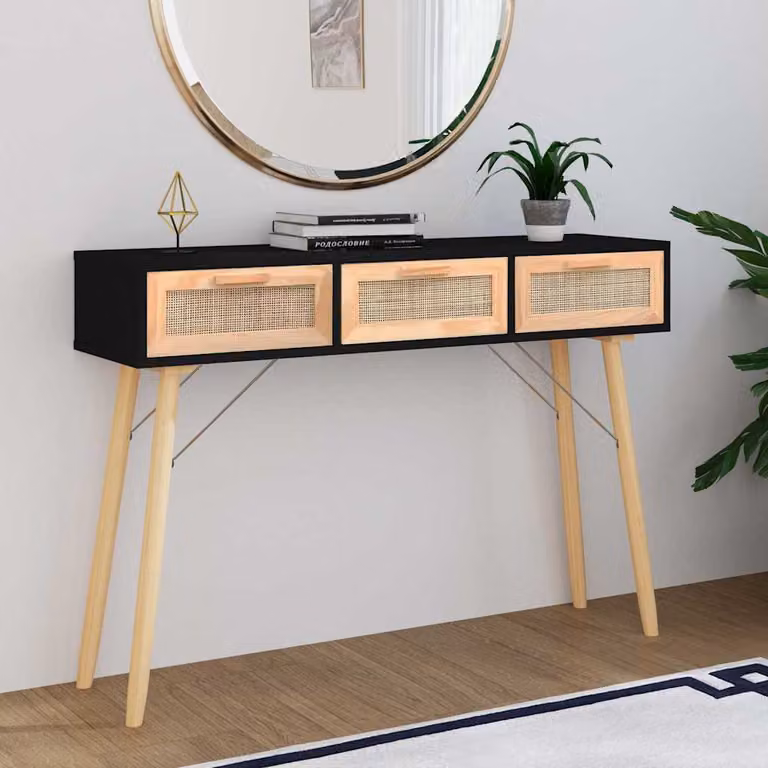 vidaXL Tavolo Consolle in Legno di Pino Massello e Rattan Naturale, Colore Nero, L 105 x P 30 x H 75 cm