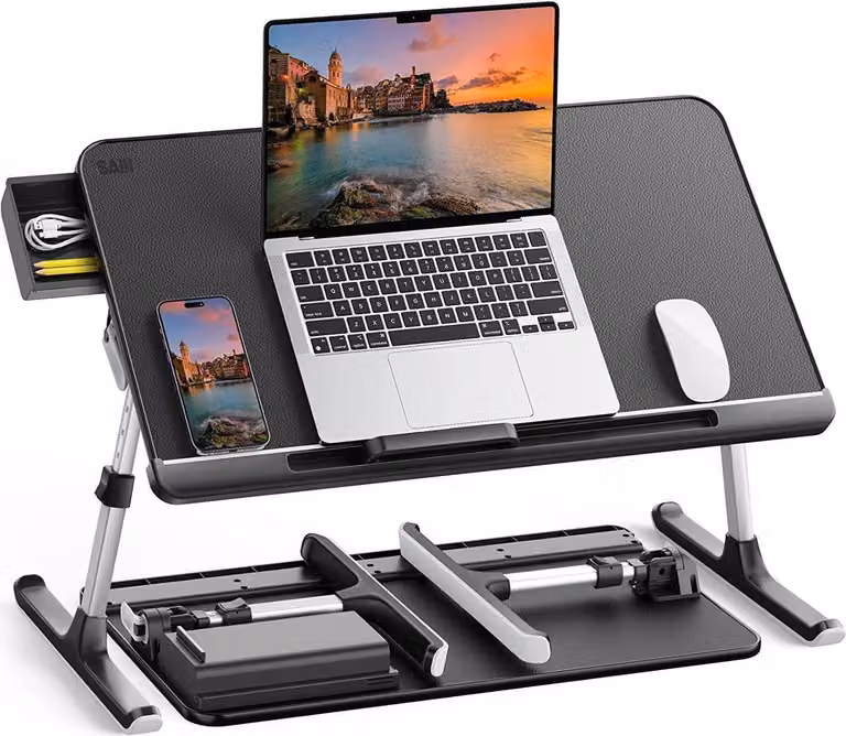 SAIJI Tavolo per laptop Tavolo da letto E0 Eco Piano in legno regolabile con cassetto Pelle PVC