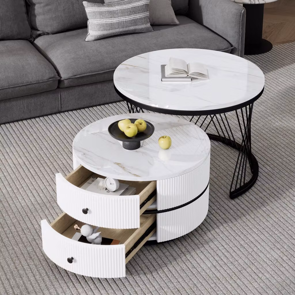 Set di 2 tavolini da caffè rotondi WISHDOR bianchi con effetto marmo lucido e 2 cassetti, L/P/H: 60 x 60 x 46 cm e 50 x 50 x 31 cm – 2