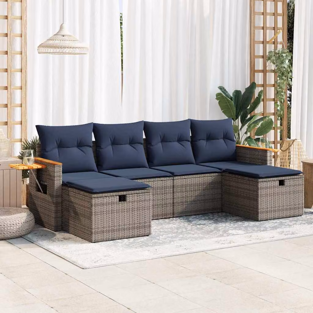 Set Divano da Giardino vidaXL 6 pz a Forma a L con Cuscini Grigio e Blu in Polyrattan e Metallo