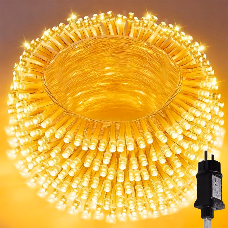 Catena luminosa da 30 metri, con 300 LED, luce bianco caldo, grado di protezione IP44, 8 modalità, con funzione di memorizzazione