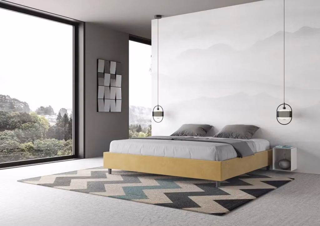 Letto matrimoniale king size con contenitore BS COM imbottito in microfibra colore giallo L: 190 cm, P: 190 cm, H: 39 cm – 2