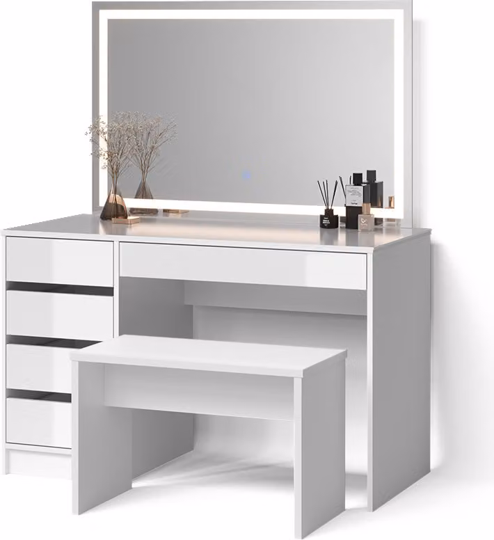 Tavolo da toeletta Livinity Imola Bianco con specchio a LED e panca, Model 52378