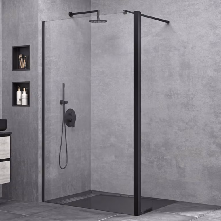 doporro Box Doccia Walk-In 100x200cm con Vetro Laterale 30cm, Parete Doccia Anticalcare in Vetro da 8mm con Braccio Sostegno MMBR3 Telescopico in Acciaio Nero