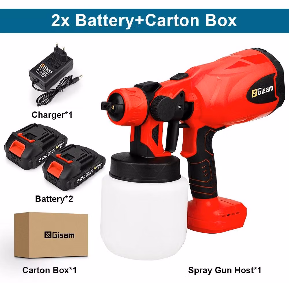 Pistola a spruzzo elettrica - Pistola a spruzzo HVLP senza fili - 18V con 2 batterie di piccole dimensioni - Serbatoio da 1000 ml - Ugello da 1,8 mm - 30000 giri/min - Spina di tipo europeo - colore rosso