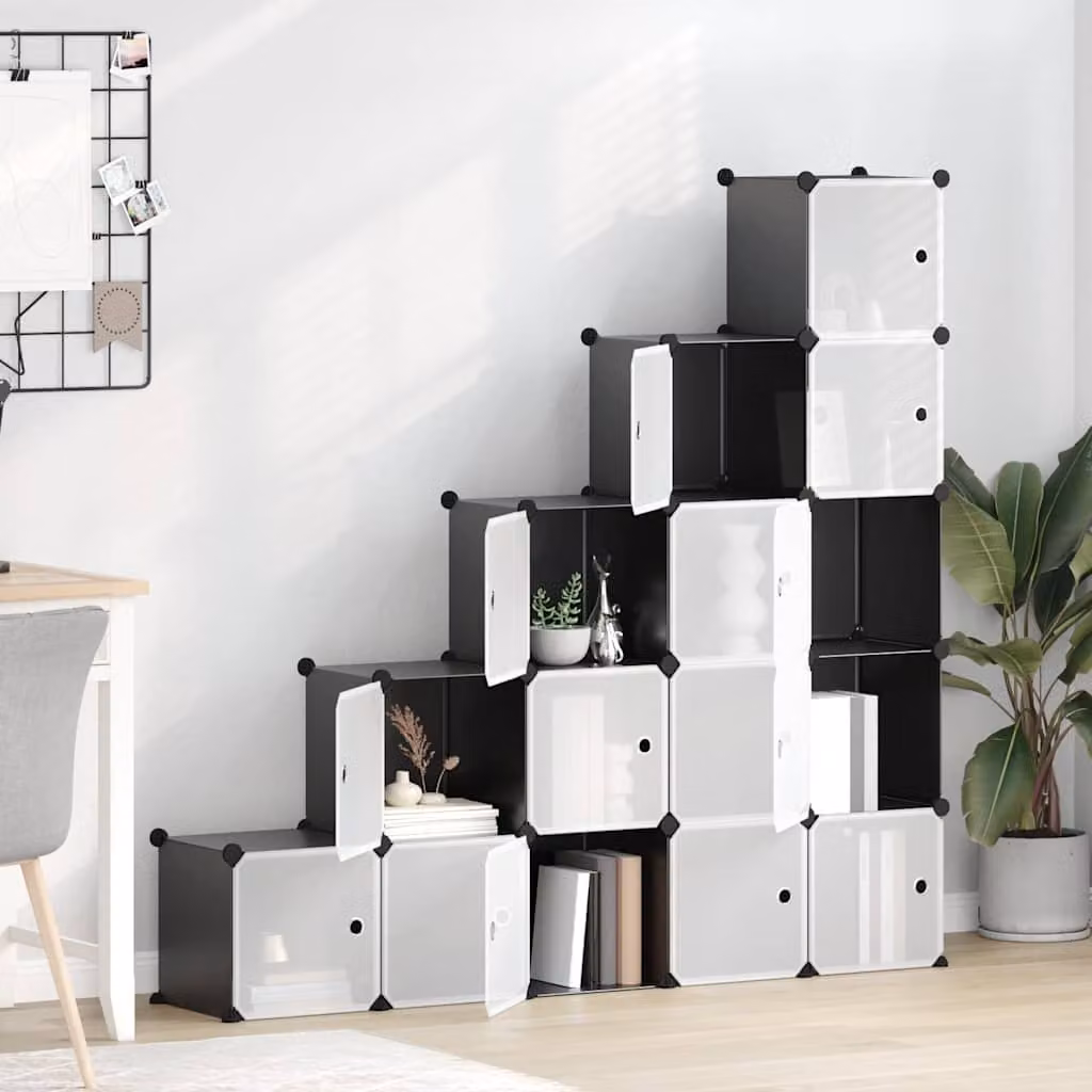 Organizzatore Portaoggetti vidaXL con 15 Cubi e Ante Trasparenti in Plastica e Metallo, Disponibile in Bianco o Nero, L/P/H: 156.0 x 31.5 x 15.5 cm
