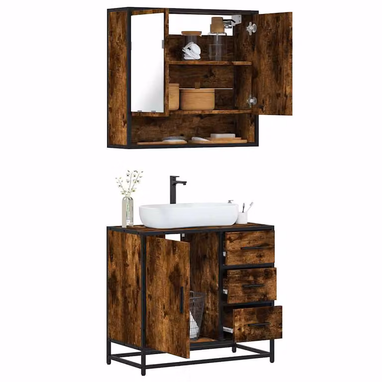 Set Mobili da Bagno vidaXL 2 Pezzi in Stile Industrial con Mobile Lavabo e Armadietto Specchio in Legno e Metallo, Colore Marrone