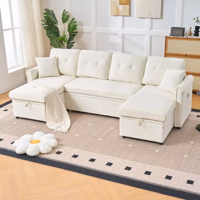 Divano angolare con contenitore ¨C Minimal ¨C Beige tessuto chenille con funzione letto