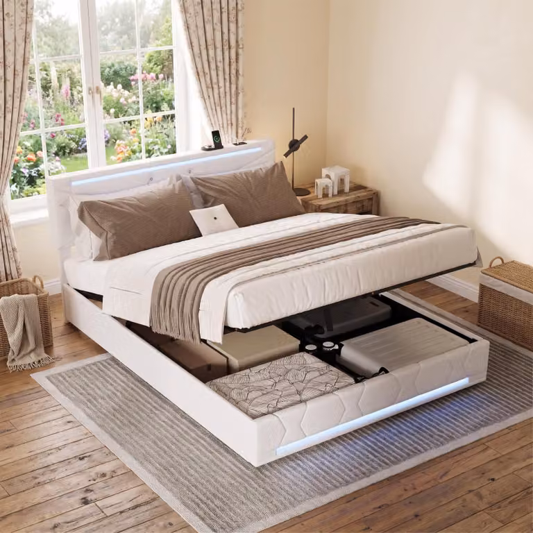 Letto con boxspring INONEFT, 140x200 cm, con USB/Tipo C, letto imbottito con LED e spazio contenitore, letto a molle per ragazzi, letto matrimoniale, tessuto in lino, color beige