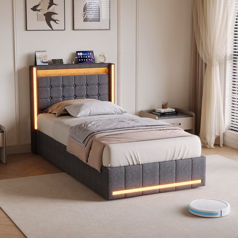 Letto imbottito 90x200 cm con contenitore, luci LED RGB, porta USB-C, 2 porte USB, sistema di sollevamento idraulico, spazio contenitivo, rete a doghe, rivestito in lino, colore grigio, per una piazza