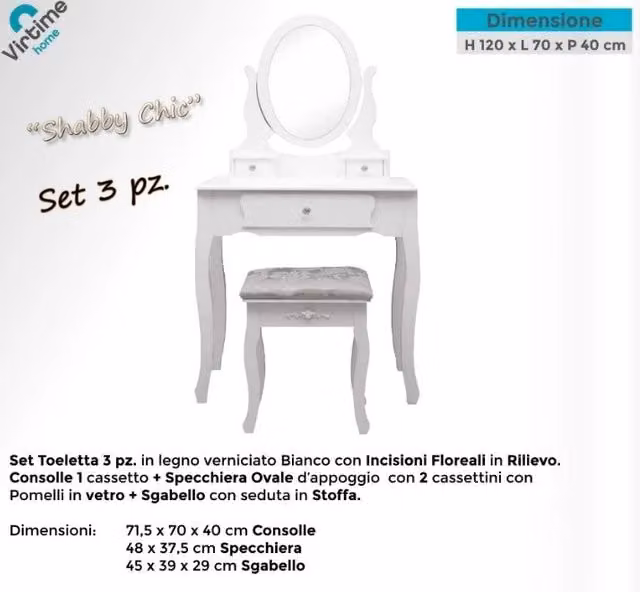 Toeletta Mobile Specchiera Petineuse con Sgabello Imbottito Bianco Cassetti