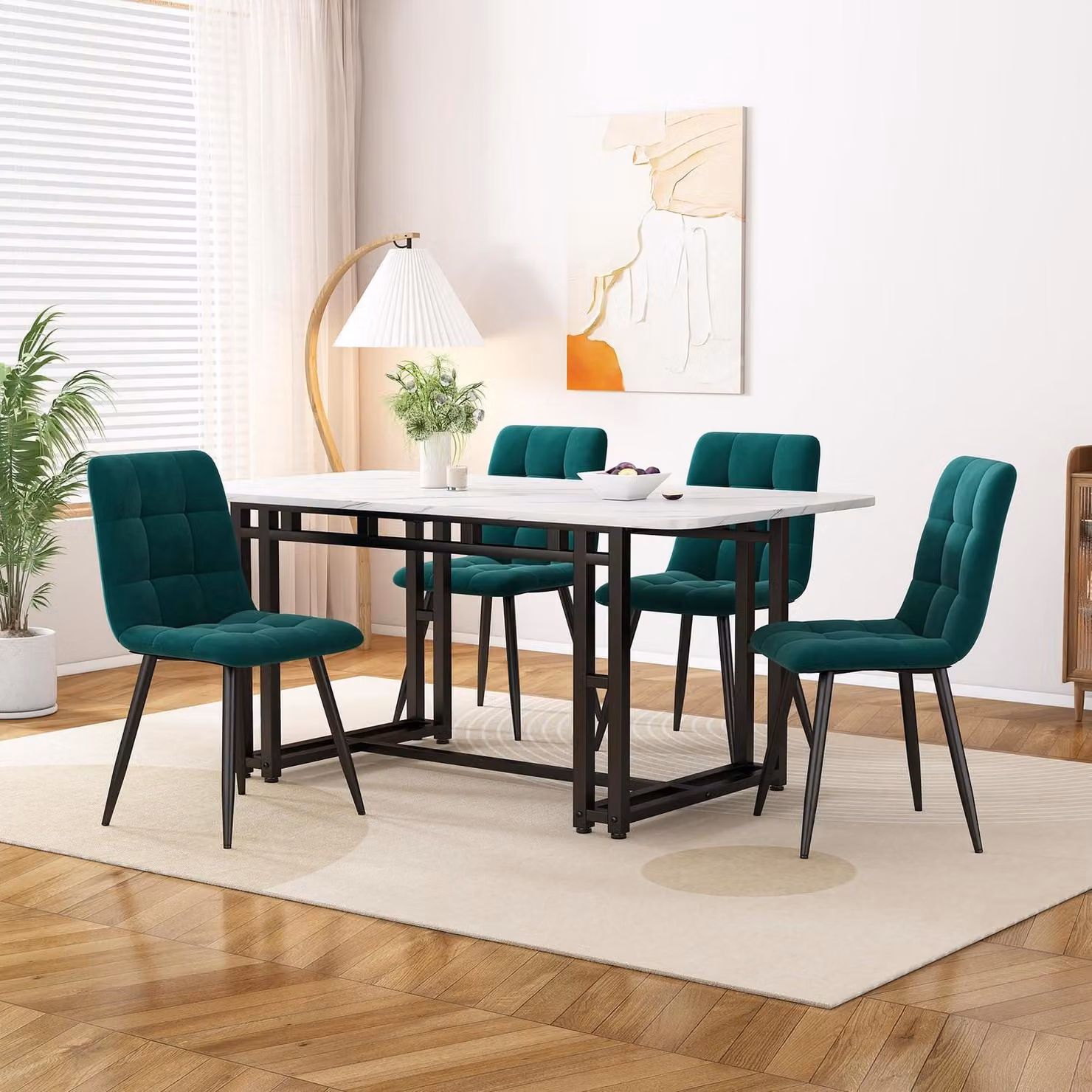 Set da pranzo composto da un tavolo rettangolare e 4 sedie, rivestito in velluto verde e nero, dimensioni: 120x74x70 cm