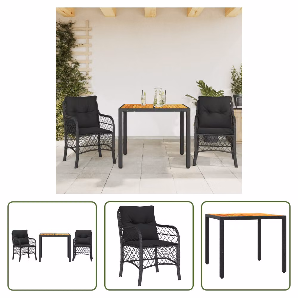 The Living Store Set bistrot 3 pezzi con cuscini in poly rattan nero