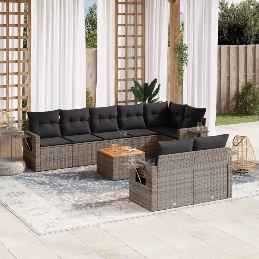 vidaXL Set Divano da Giardino a L 9 pz in Polyrattan Grigio con Cuscini e Tavolino – 1