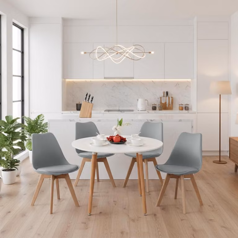Set tavolo da pranzo con 4 sedie, colore bianco/grigio, legno di faggio, dimensioni 100x100 cm