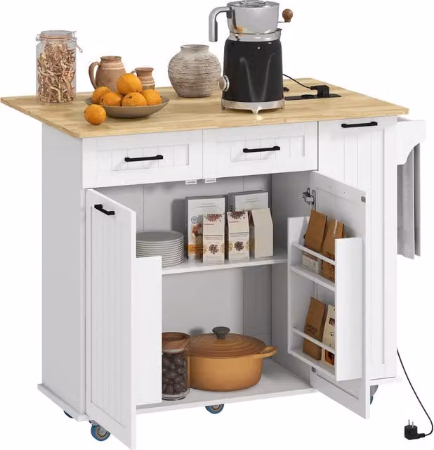 Isola cucina mobile Xylo bianca con ripiano ribaltabile in legno di acacia, presa elettrica e USB-C, L: 94.5 cm, P: 74.0 cm, H: 74.0 cm