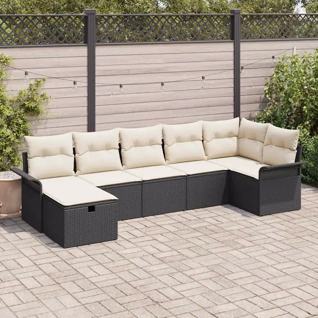 Set Divano da Giardino vidaXL 7 Pezzi in Poly Rattan con Cuscini Beige e Nero – 1