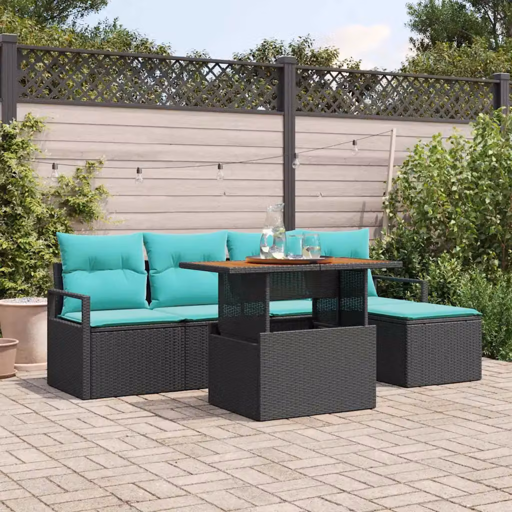 vidaXL Set Divano da Giardino Moderno a L in 6 Pezzi con Tavolino e Pouf, Colore Nero e Petrol