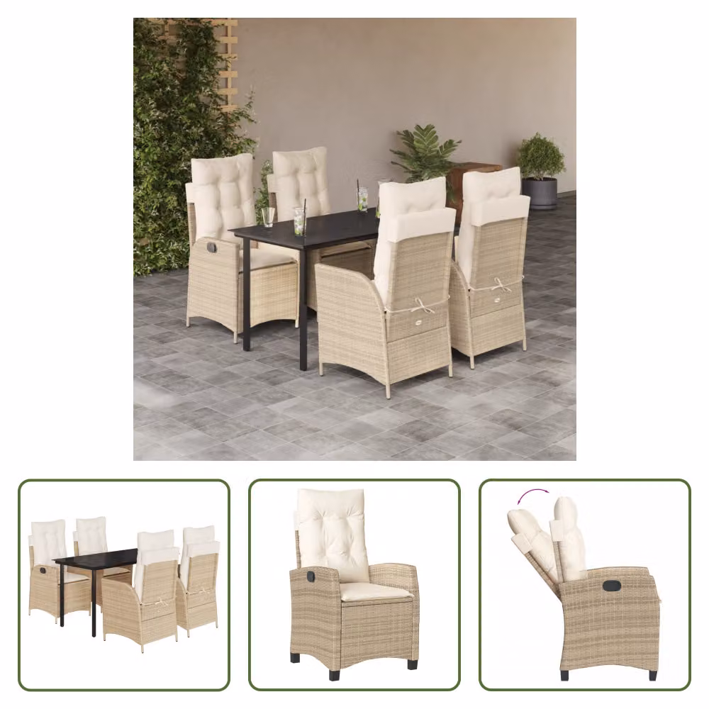 The Living Store Set da pranzo da giardino 5 pezzi con cuscini Beige poly rattan