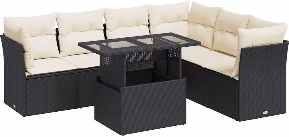 Set Divani da Giardino con Cuscini 7pz Nero Polyrattan