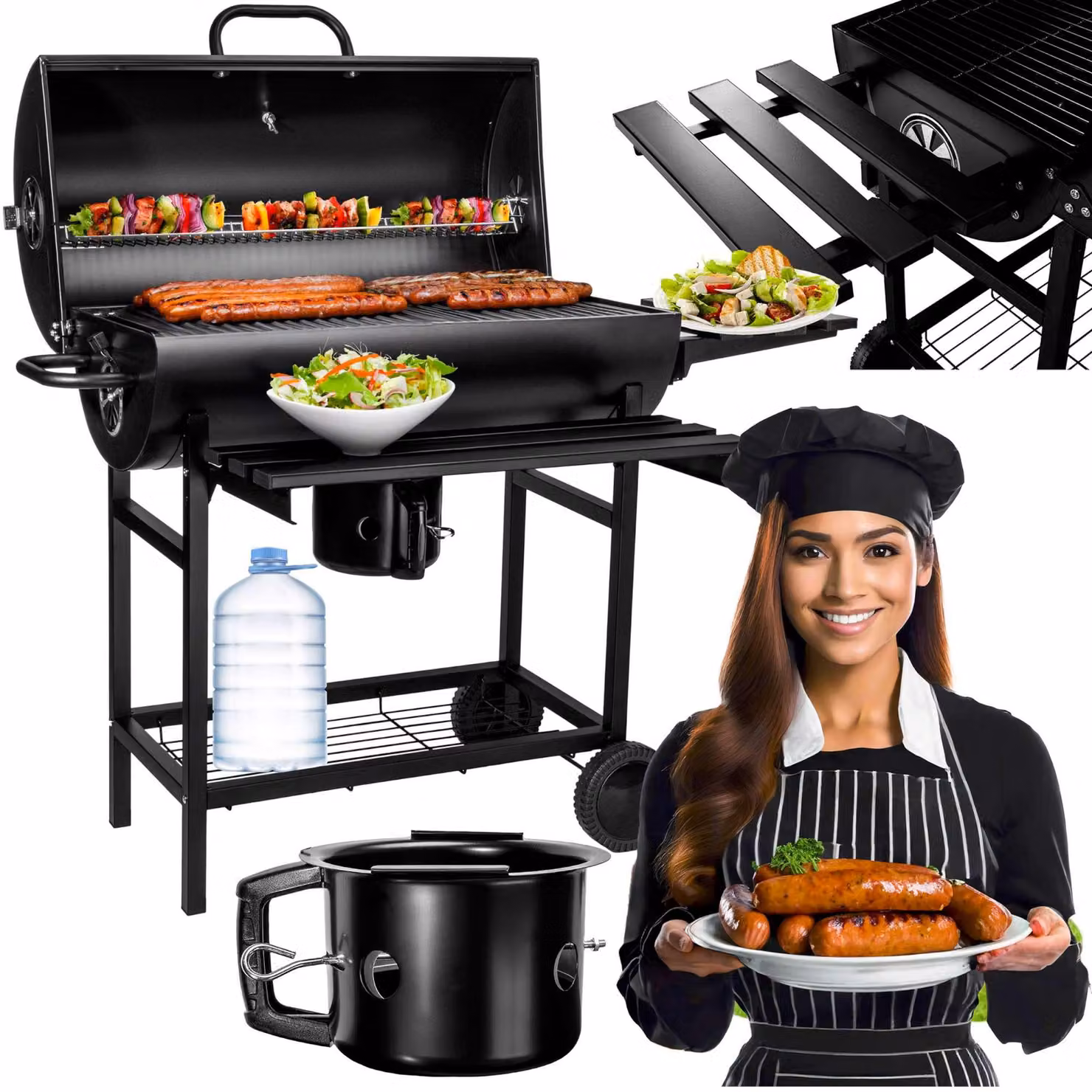 Barbecue da giardino in legno con 2 griglie e contenitore per la cenere (modello FASS)
