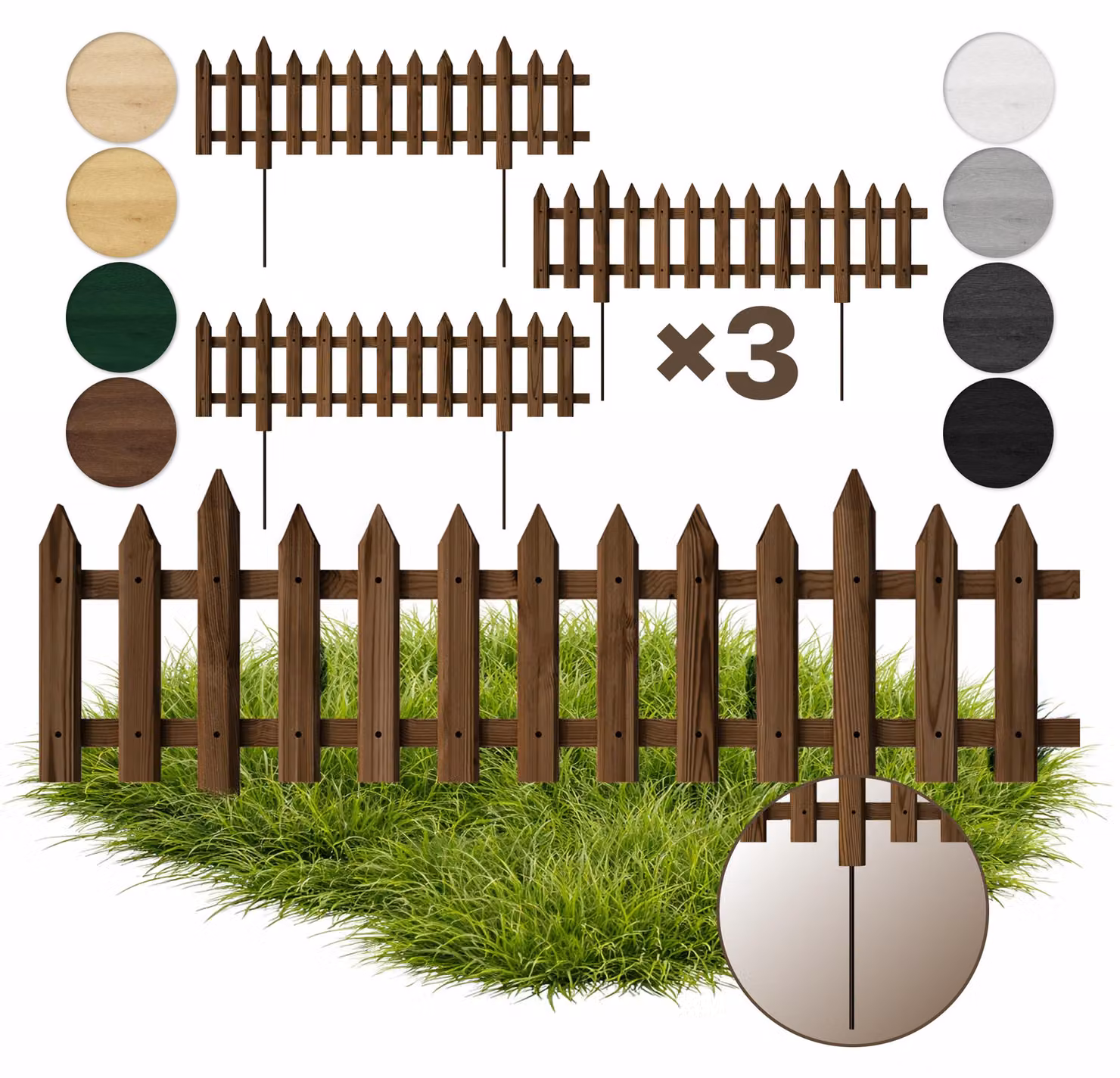 Floranica 3 pz Recinzione da giardino a incastro con pali in metallo per aiuole 100 cm x 30 cm Marrone