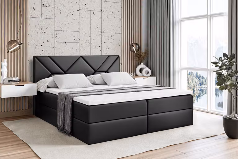 Letto boxspring ALTDECOR con materasso H3 e topper - 200 x 200 cm - BARWA - Pelle finta nera - Letto imbottito con contenitore e rete a doghe, letto con spazio contenitivo
